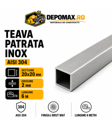 Teava patrata inox AISI 304, 20 x 20 x 2 mm, 6 metri